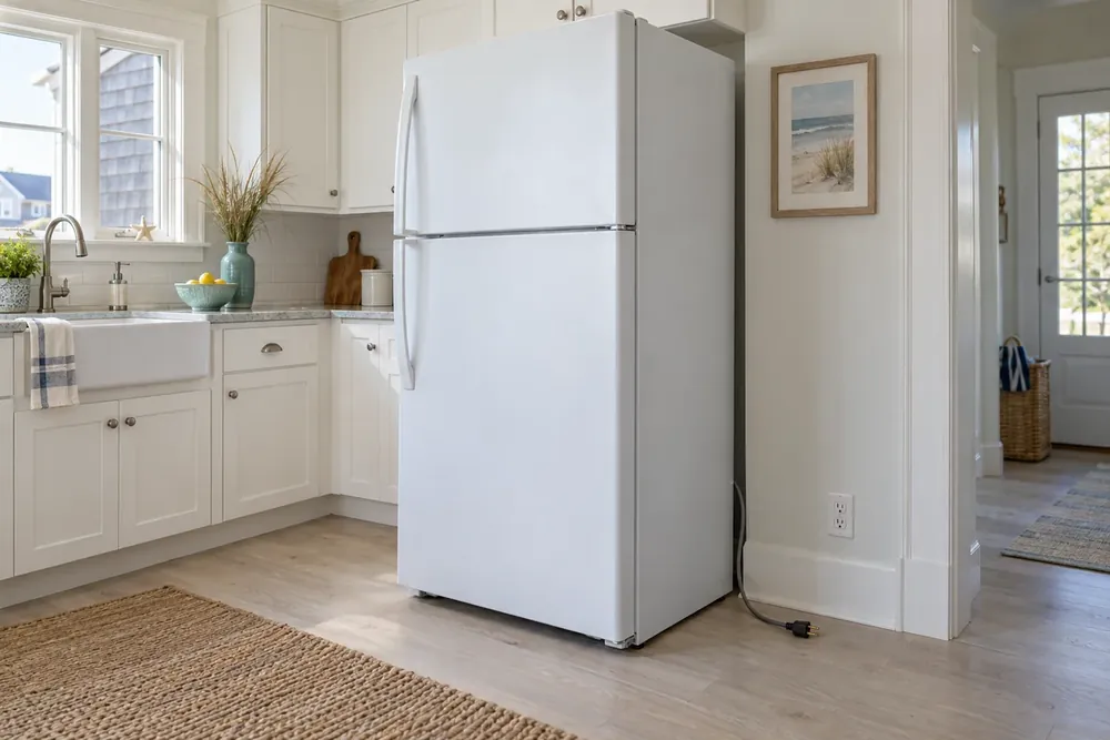 White refrigerator in a tidy kitchen with unplugged power cord beside the wall outlet