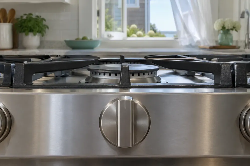 Gas range knob turned off, with a clean cooktop and curtain beside an open window.