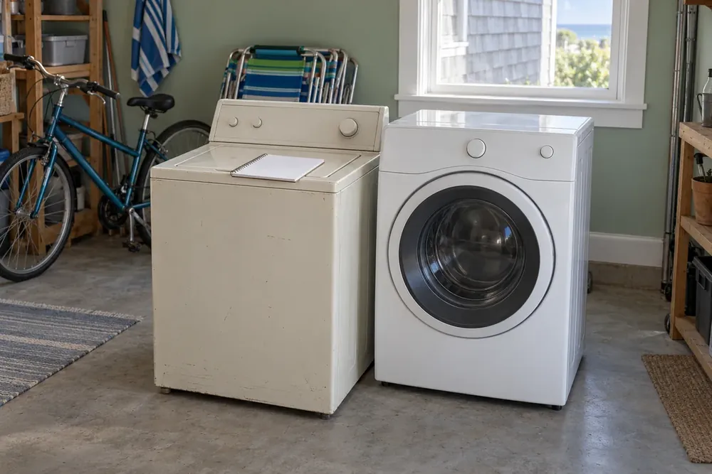 Older almond top-load washer beside a newer white front-load washer in a tidy garage