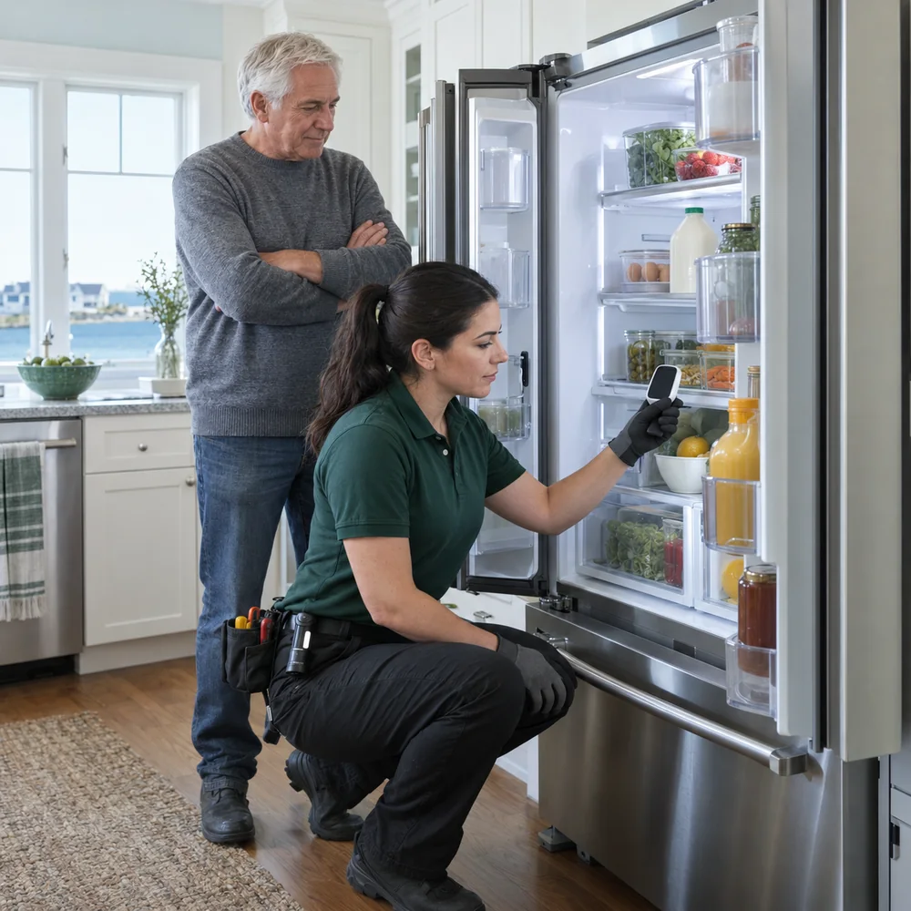 Technician checking the inside of an open refrigerator with a handheld meter while a homeowner looks on