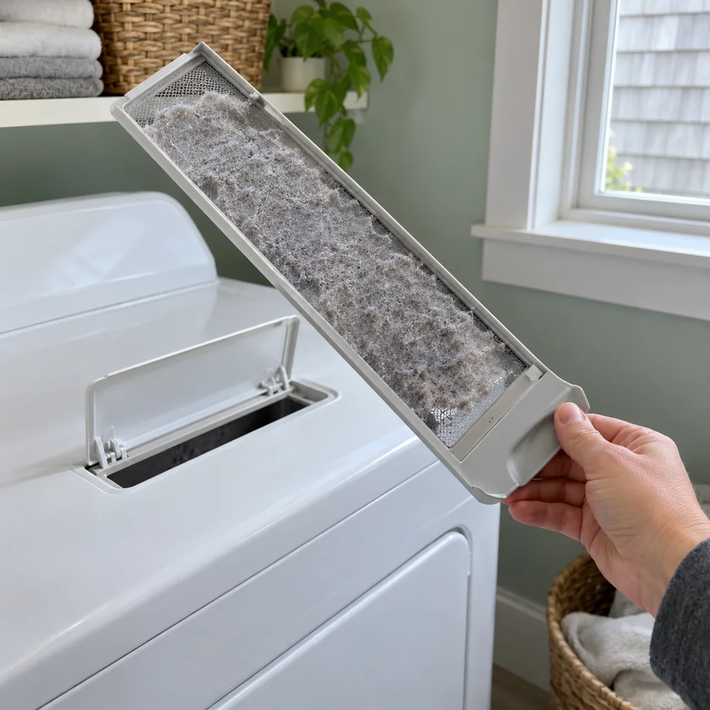 Hand holding a dryer lint screen with gray lint on the mesh